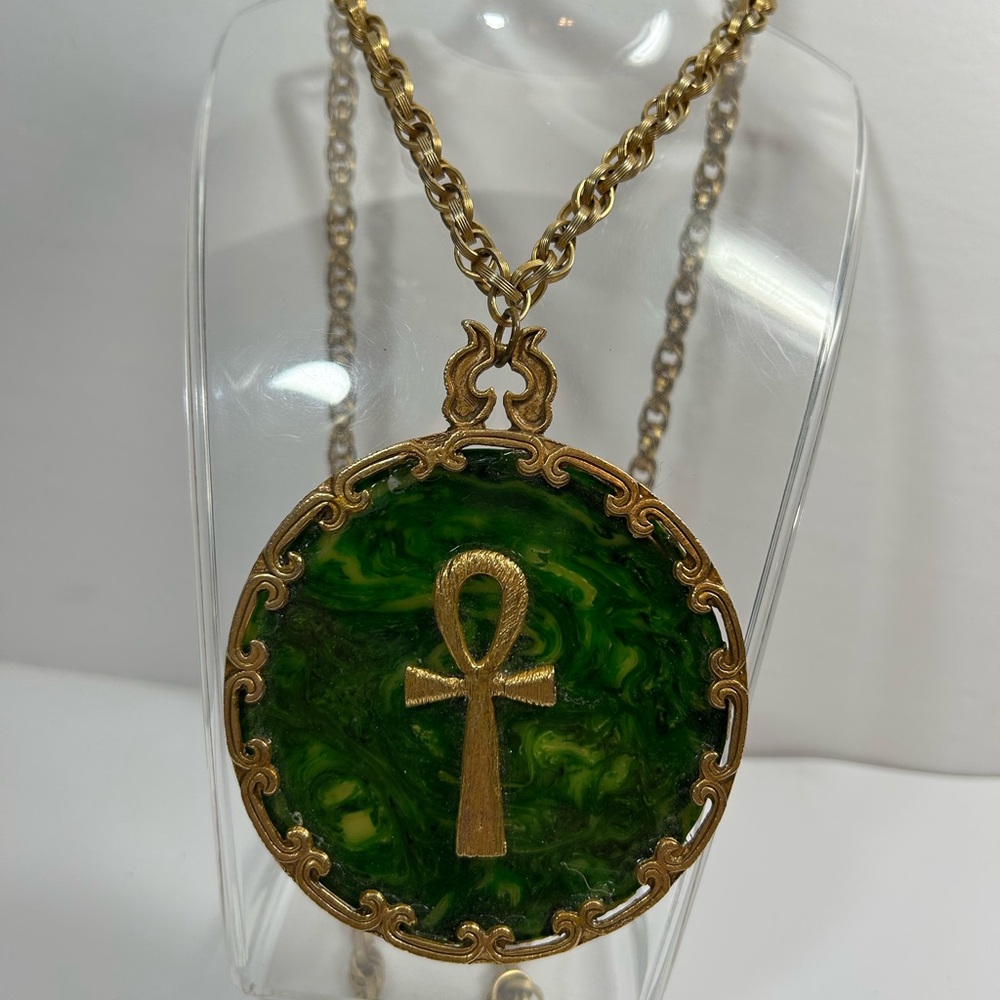 Vintage end of day Bakelite translucent Gold and Green Ankh Pendant Necklace